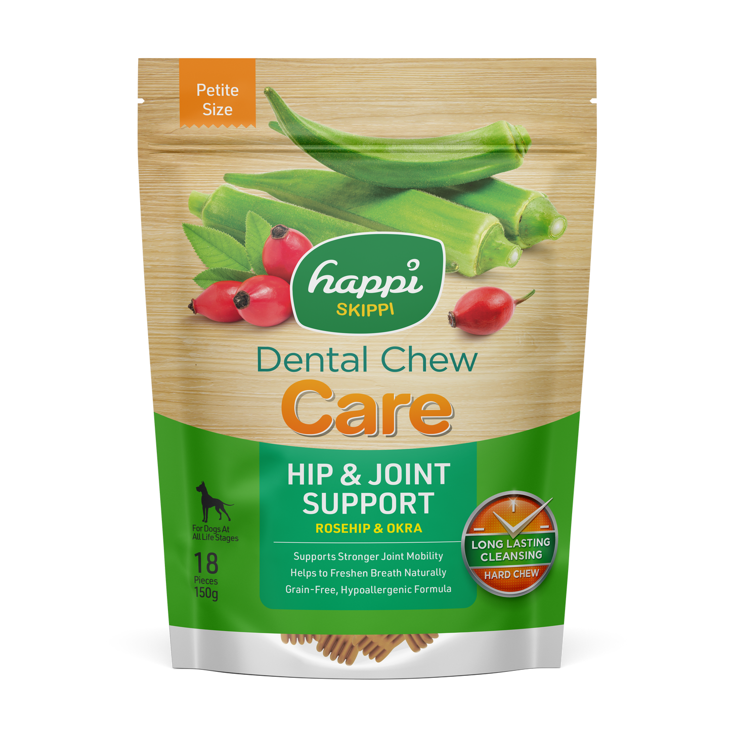 Happi Skippi (Doggy) Care Rosehip & Okra Hip & Joint Support Grain-Free Dental Dog Chews 150g Petite Size 2.5 Inch
