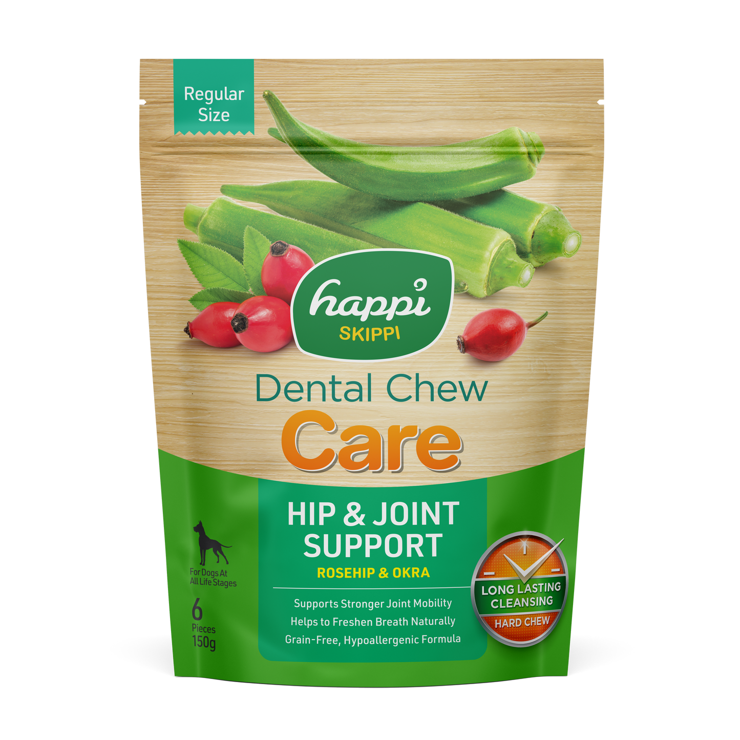 Happi Skippi (Doggy) Care Rosehip & Okra Hip & Joint Support Grain-Free Dental Dog Chews 150g Regular Size 4 Inch