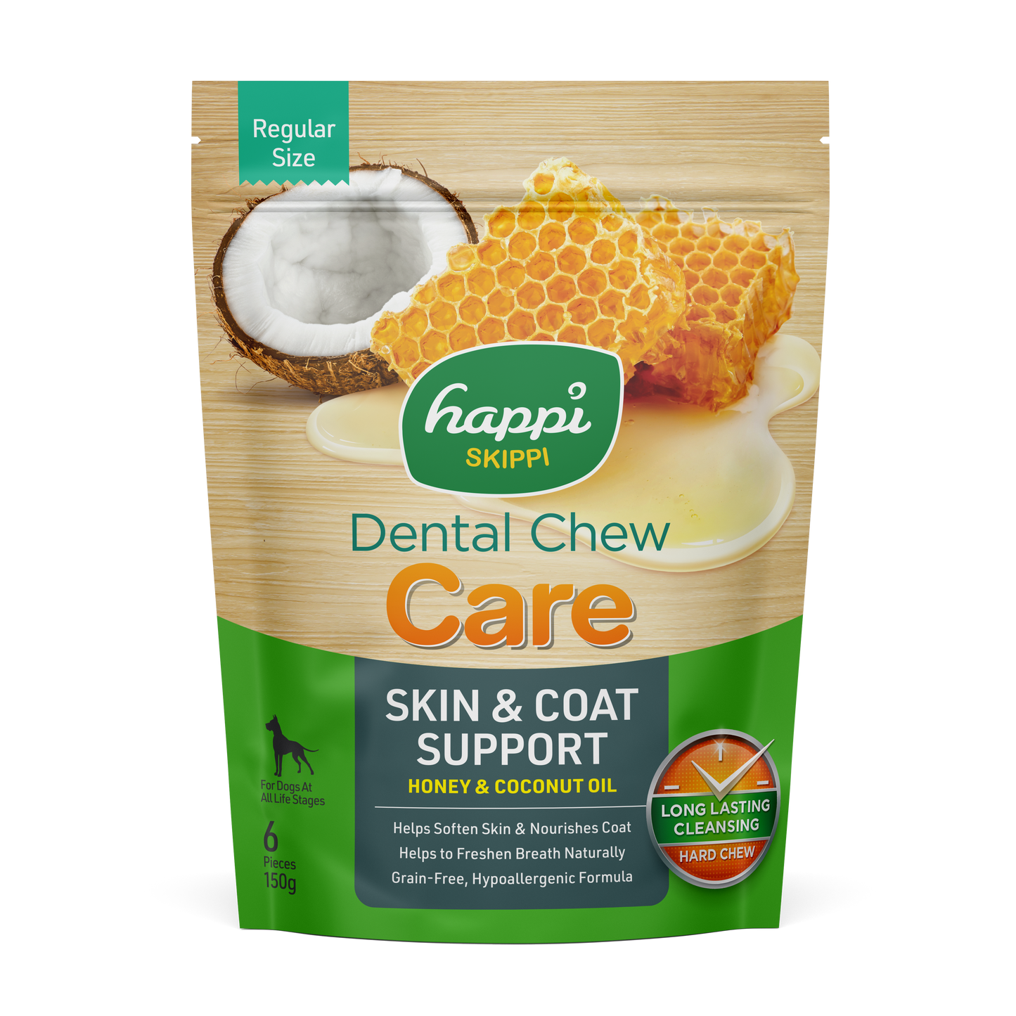 Happi Skippi (Doggy) Care Honey & Coconut Oil Skin & Coat Support Grain-Free Dental Dog Chews 150g Regular Size 4 inch