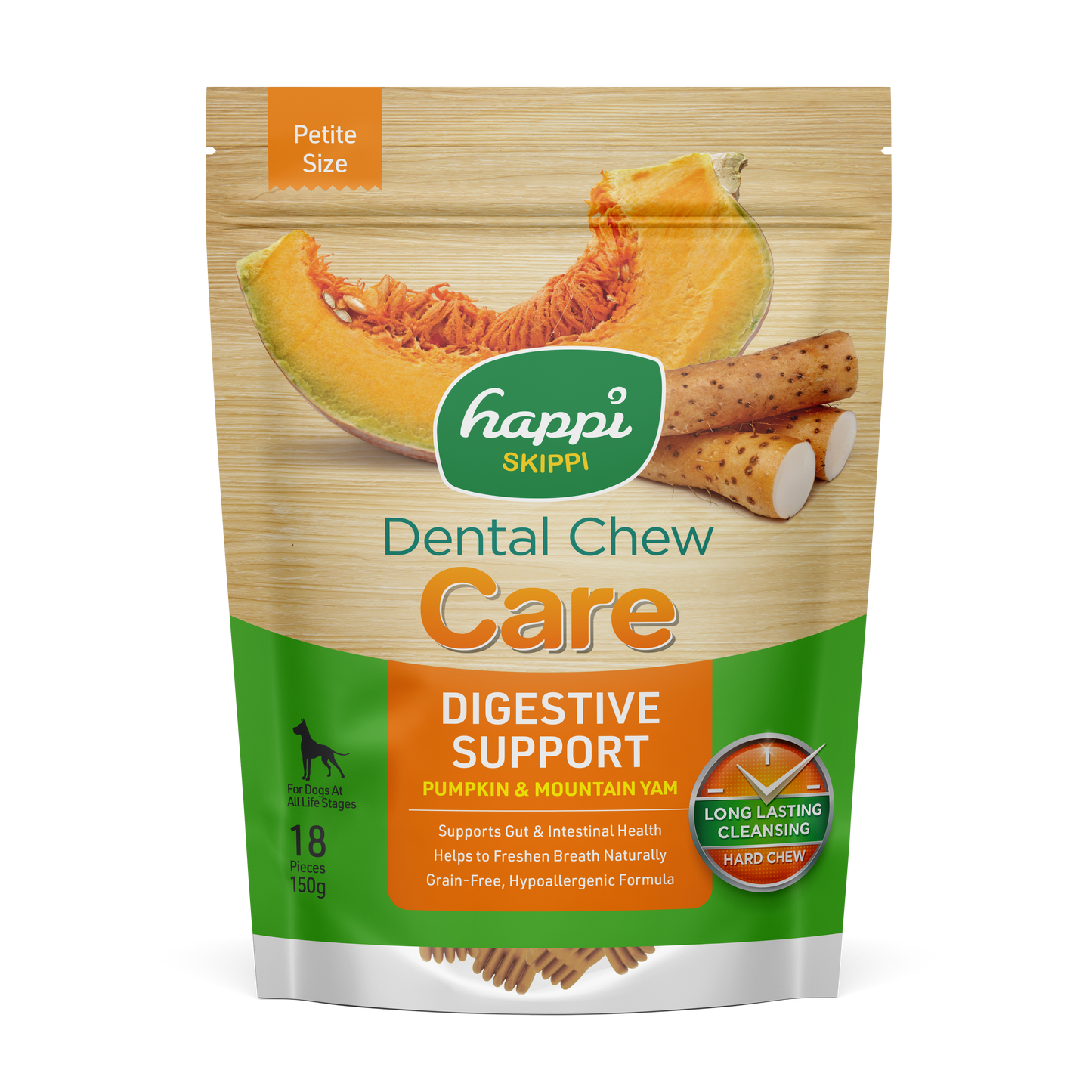 Happi Skippi (Doggy) Care Pumpkin & Mountain Yam Digestive Support Grain-Free Dental Dog Chews 150g Petite Size 2.5 Inch