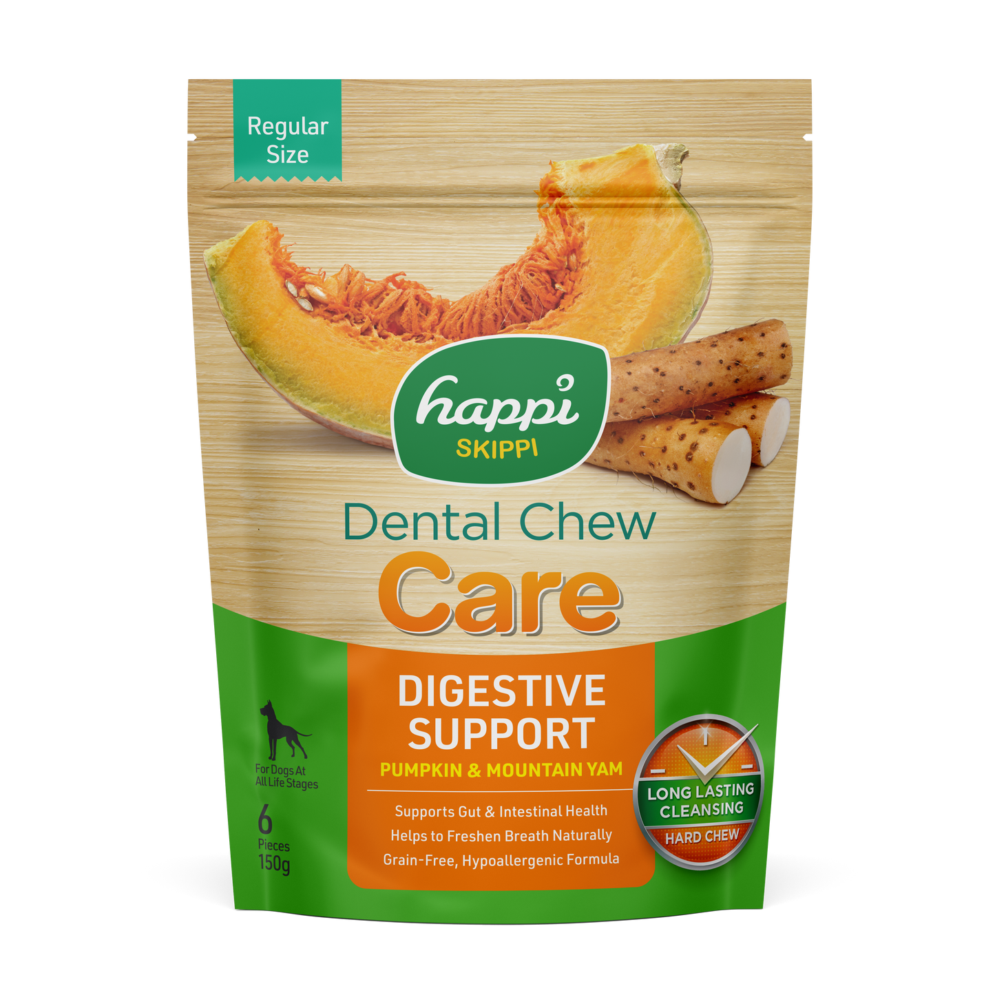 Happi Skippi (Doggy) Care Pumpkin & Mountain Yam Digestive Support Grain-Free Dental Dog Chews 150g Regular Size 4 inch