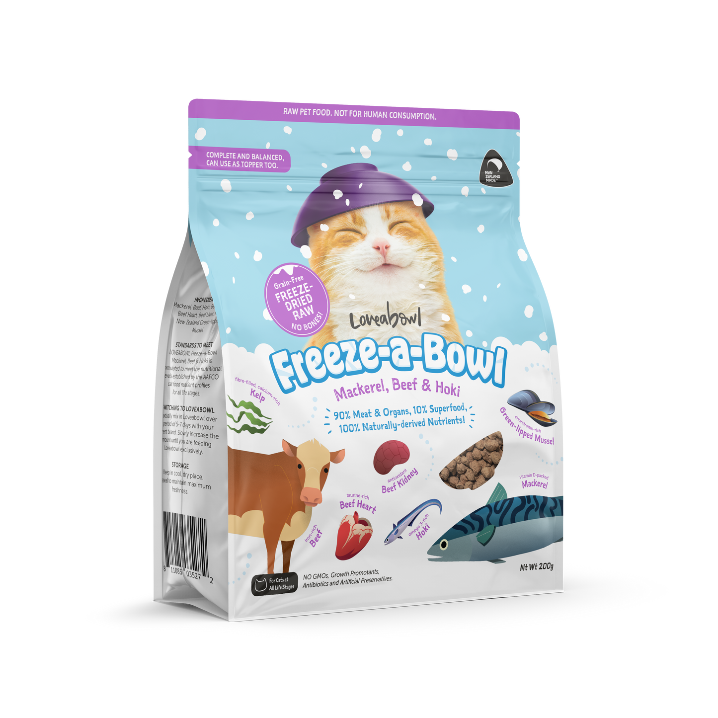 Loveabowl Freeze-A-Bowl Mackerel,Beef & Hoki Grain-Free Freeze Dried Raw Cat Food