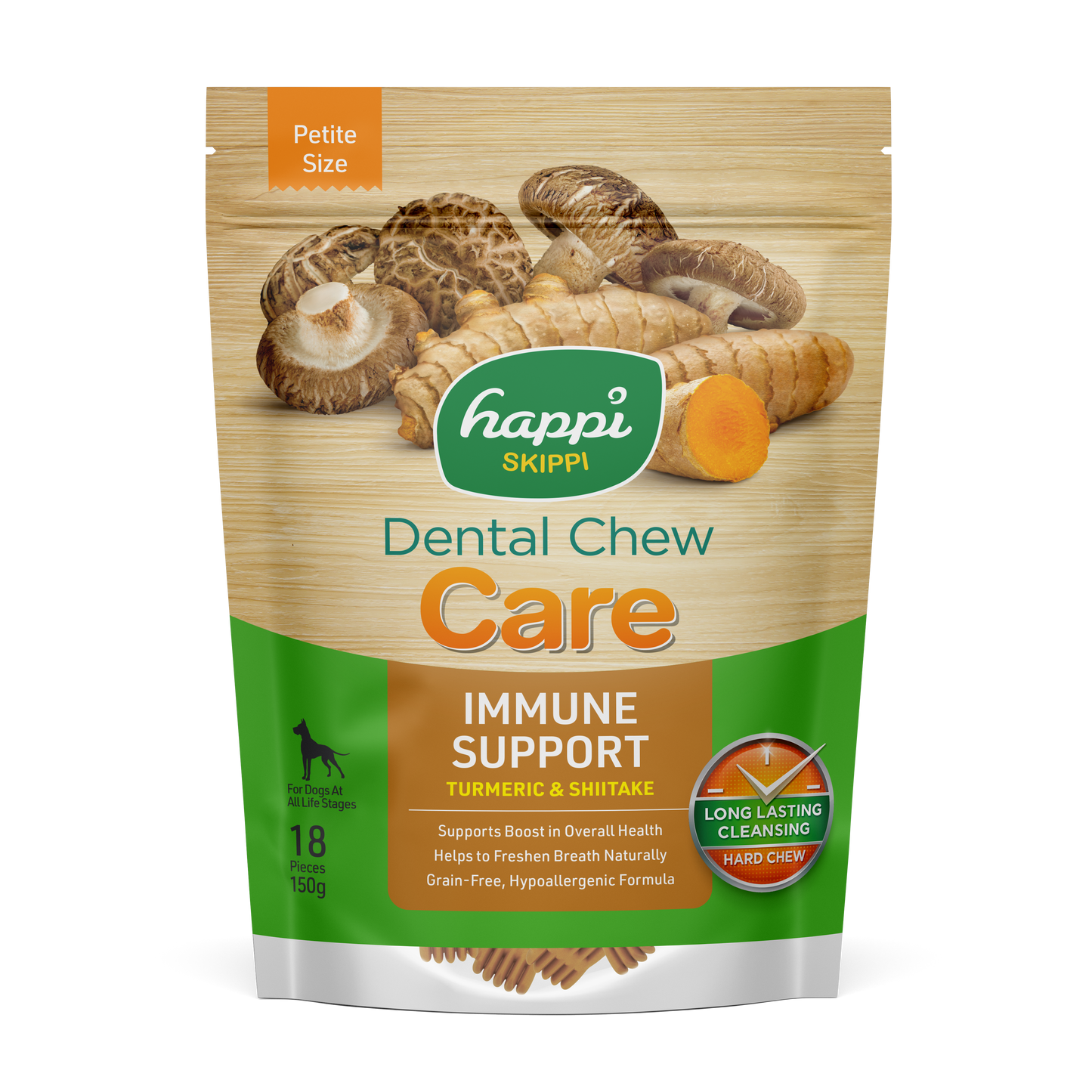 Happi Skippi (Doggy) Care Turmeric & Shiitake Immune Support Grain-Free Dental Dog Chews 150g Petite Size 2.5 inch