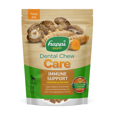 Happi Skippi (Doggy) Care Turmeric & Shiitake Immune Support Grain-Free Dental Dog Chews 150g Petite Size 2.5 inch