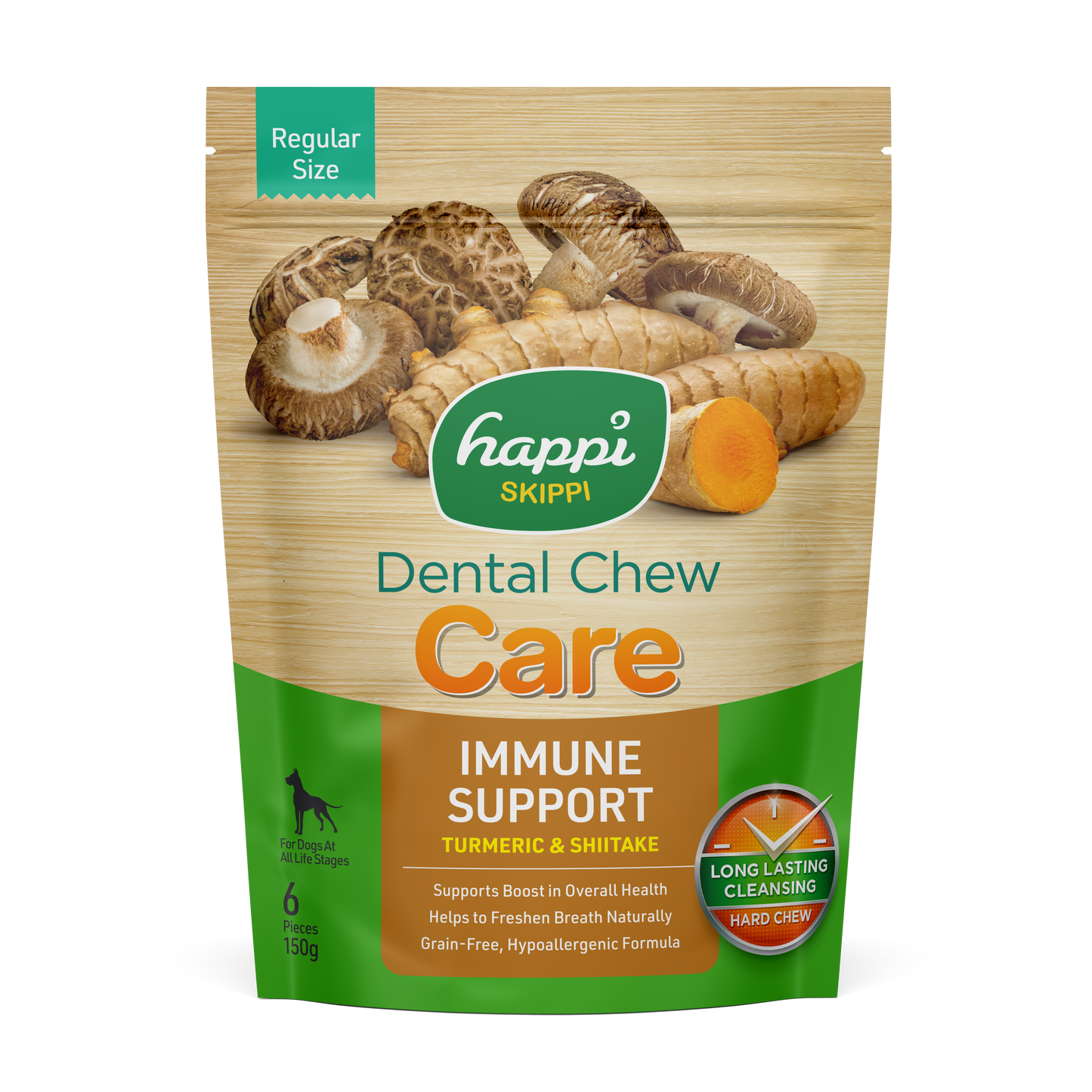 Happi Skippi (Doggy) Care Turmeric & Shiitake Immune Support Grain-Free Dental Dog Chews 150g Regular 4 inch