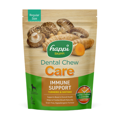 Happi Skippi (Doggy) Care Turmeric & Shiitake Immune Support Grain-Free Dental Dog Chews 150g Regular 4 inch