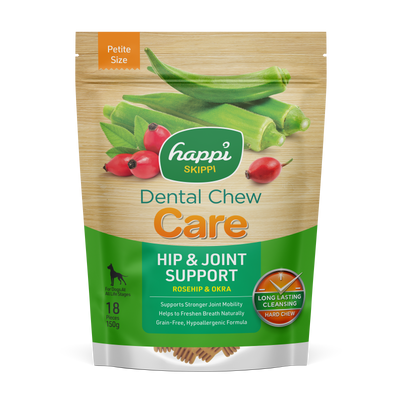 Happi Skippi (Doggy) Care Rosehip & Okra Hip & Joint Support Grain-Free Dental Dog Chews 150g Petite Size 2.5 Inch