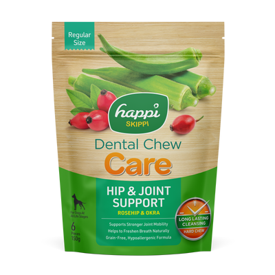 Happi Skippi (Doggy) Care Rosehip & Okra Hip & Joint Support Grain-Free Dental Dog Chews 150g Regular Size 4 Inch