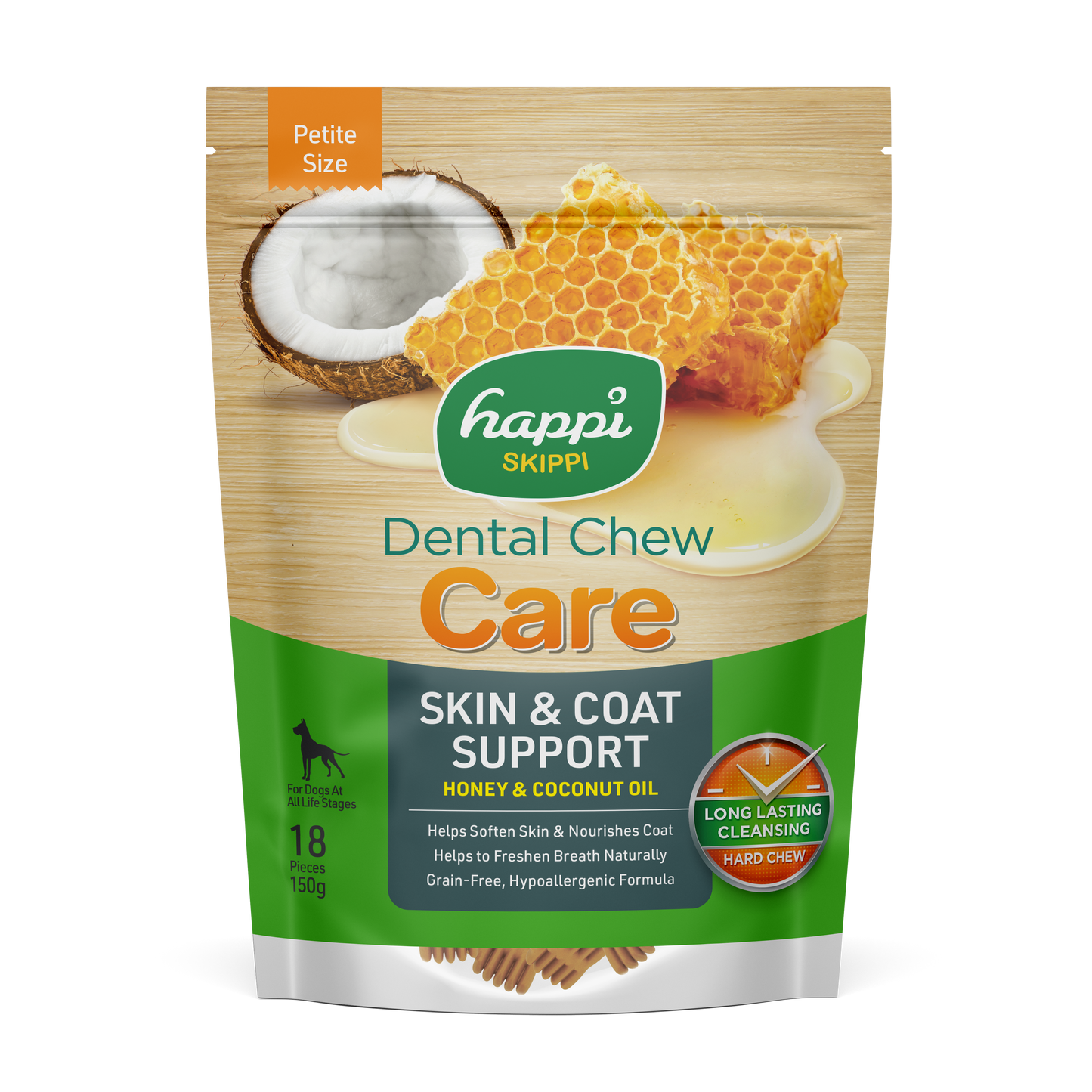 Happi Skippi (Doggy) Care Honey & Coconut Oil Skin & Coat Support Grain-Free Dental Dog Chews 150g Petite Size 2.5 Inch
