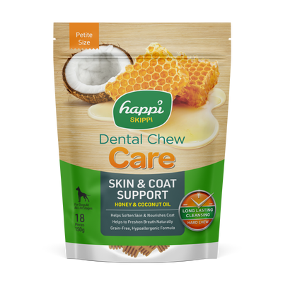 Happi Skippi (Doggy) Care Honey & Coconut Oil Skin & Coat Support Grain-Free Dental Dog Chews 150g Petite Size 2.5 Inch