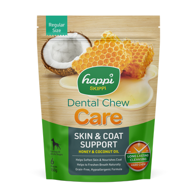 Happi Skippi (Doggy) Care Honey & Coconut Oil Skin & Coat Support Grain-Free Dental Dog Chews 150g Regular Size 4 inch