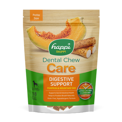 Happi Skippi (Doggy) Care Pumpkin & Mountain Yam Digestive Support Grain-Free Dental Dog Chews 150g Petite Size 2.5 Inch