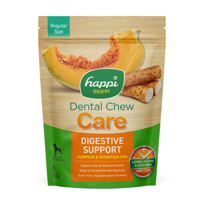 Happi Skippi (Doggy) Care Pumpkin & Mountain Yam Digestive Support Grain-Free Dental Dog Chews 150g Regular Size 4 inch