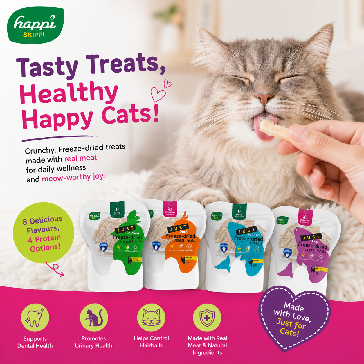 Happi Skippi Freeze-Dried Dental Treats for Cats | Oral Care & Urinary Support & Hairball Control 30g