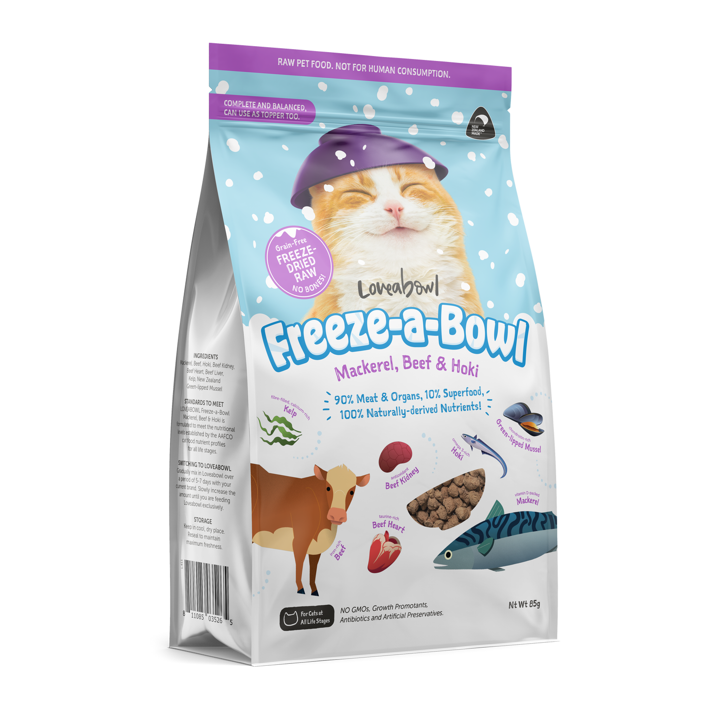 Loveabowl Freeze-A-Bowl Mackerel,Beef & Hoki Grain-Free Freeze Dried Raw Cat Food