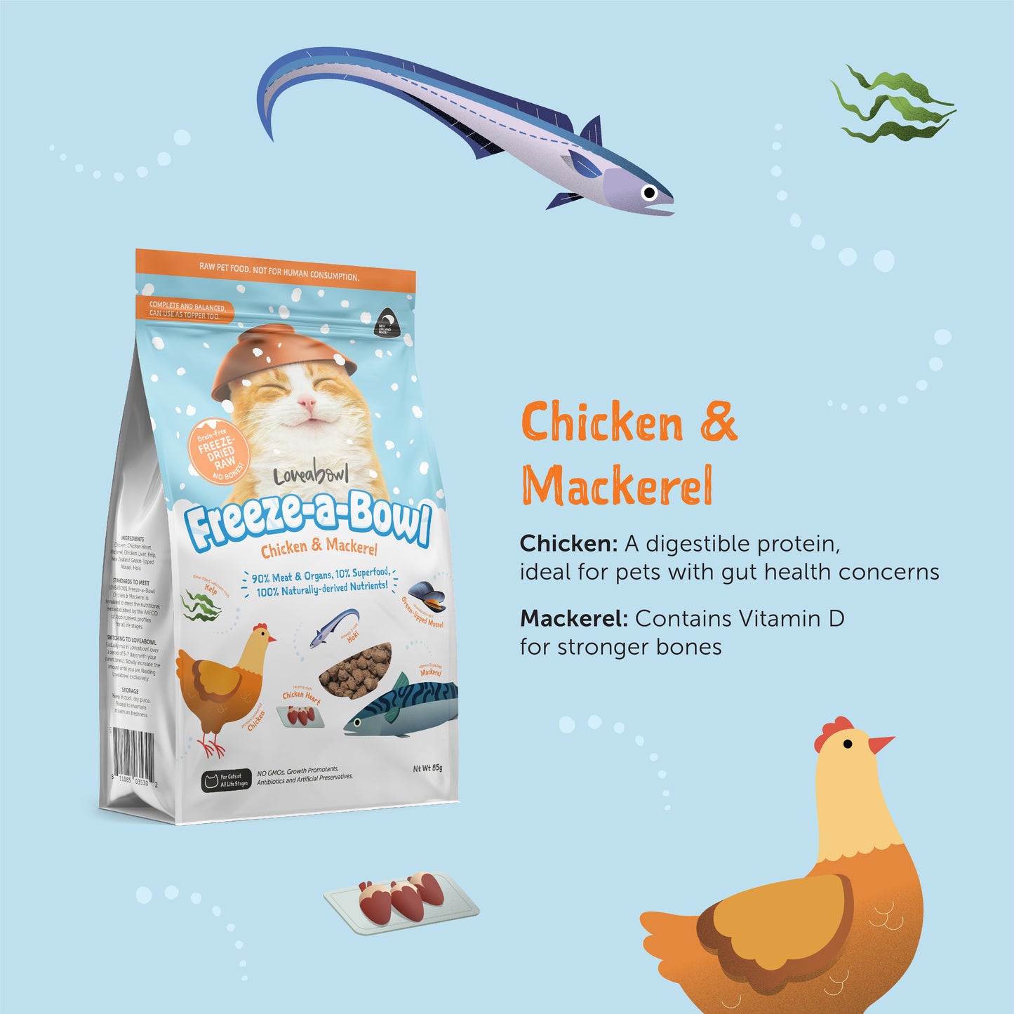 Loveabowl Freeze-A-Bowl Chicken & Mackerel Grain-Free Freeze Dried Raw Cat Food