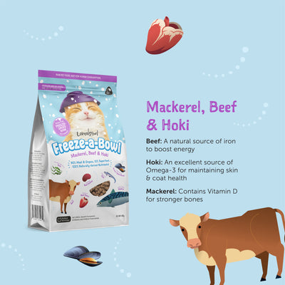 Loveabowl Freeze-A-Bowl Mackerel,Beef & Hoki Grain-Free Freeze Dried Raw Cat Food