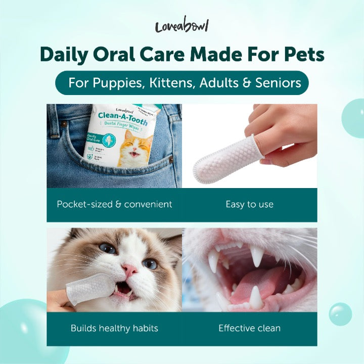 Loveabowl Clean-A-Tooth Dental Finger Wipes for Cats Unscented | Dual-Textured Pet Teeth Cleaning Wipes | Fresh Breath & Gum Care (50pcs)