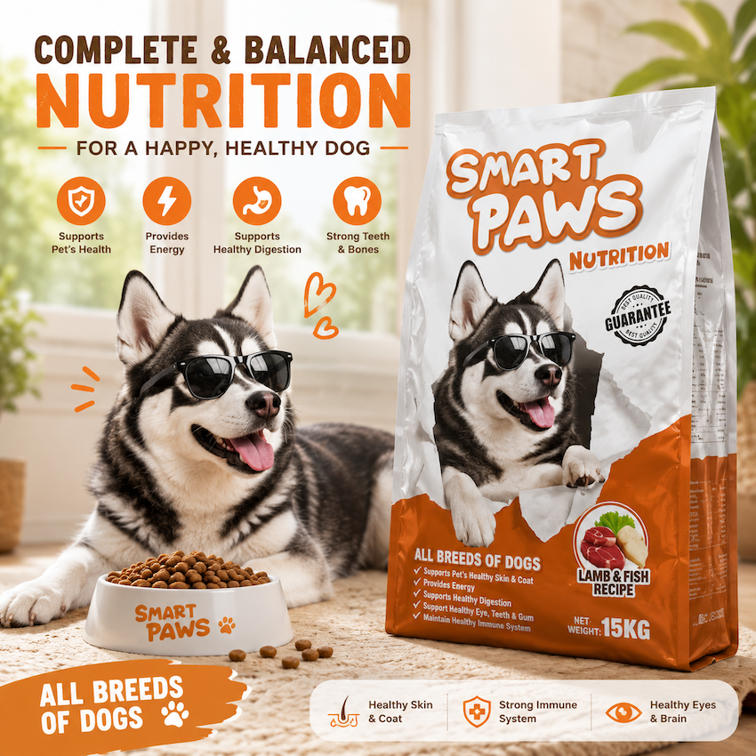 Smart Paws Dog Food 15KG Lamb & Fish Recipe | Complete & Balanced Nutrition | High Protein Dry Dog Food | All Breeds & All Life Stages
